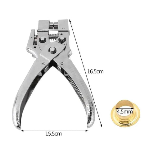 DIY Eyelet Setting Tool Pliers Kit With 100 Gold Grommets, metal pliers measuring 16.5cm, gold grommet shown at 4.5mm