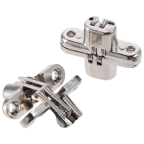 Hidden Cross Door Hinges 180 Degree Concealed Zinc Alloy 2 Pack For Doors And Cabinets Modern Style With Brushed Silver Finish No Visible Hardware Easy Install