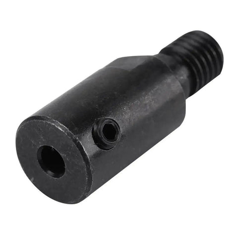 Black metal angle grinder chuck adapter with threaded end, side hex screw, and through-hole body (side view).