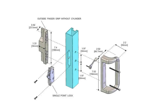 Black Patio Door Handle Set With Mortise Lock For Replacement Sliding Glass Doors, 3-15/16 Inch Screw Hole Spacing, 1006 Series diagram