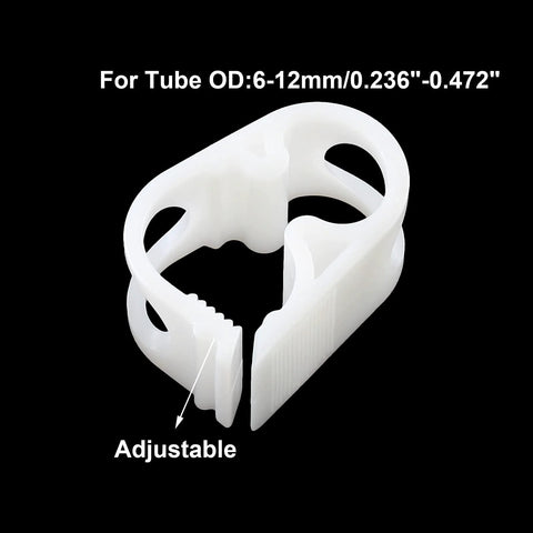 White adjustable plastic tubing clamp for 6–12 mm tubing, pack of 5
