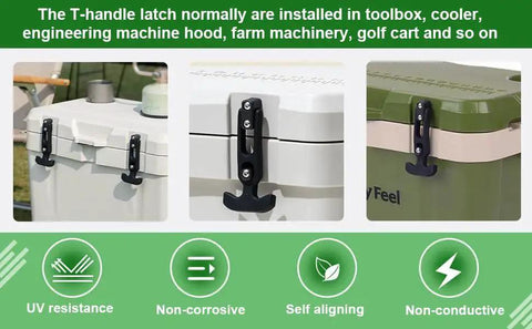 Flexible Rubber T Handle Draw Latch Replacement For Cooler 160mm installed on coolers, showcasing durability and secure closure.
