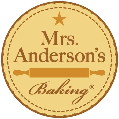 Brown and gold logo of Mrs. Anderson's Baking with a star and rolling pin graphic
