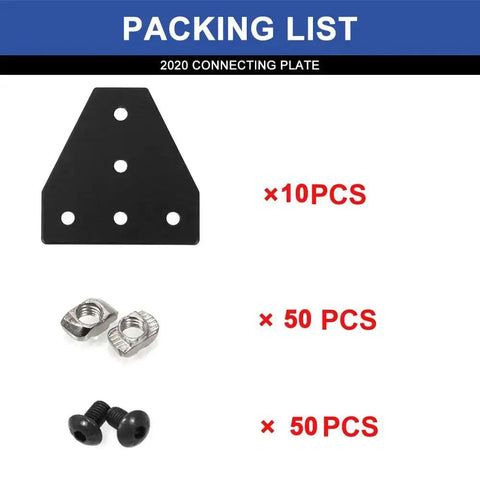 Packing list showing 10 Pack 2020 T Plate Corner Bracket For 8020 Aluminum Extrusion T Slot Connector With 50 T Nuts And Screws