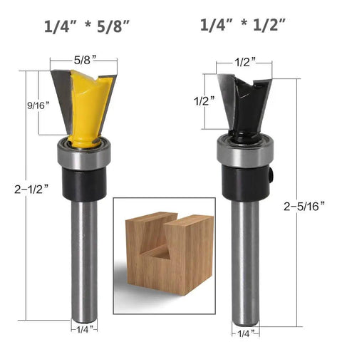 Two Pack One Quarter Inch Shank Dovetail Router Bits With Bearing Guide For Furniture Making And Cabinetry, Black 10 Degree Bit And Yellow Five Eighth Inch Bit For Smooth Dovetail Joints In Woodworking Cutter Tools