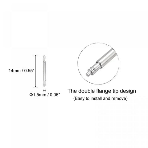 Diagram of Stainless Steel 14mm Watch Band Pins Replacement Kit with 1.5mm pin diameter, showing double flange tip design.