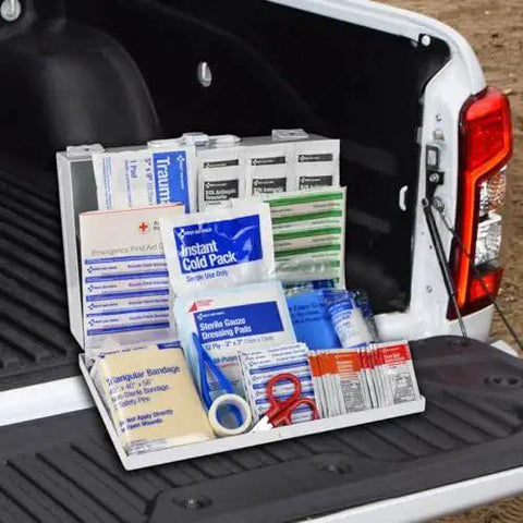 178-Piece Contractor First Aid Kit For Home Renovation And Job Sites 25-Person Capacity Worksite Ready in white case on truck bed