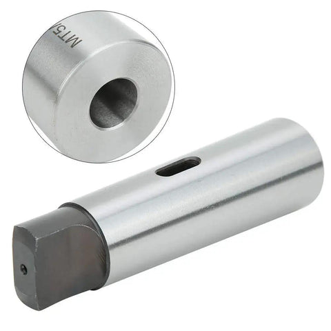 Side view of MT5-to-MT2 taper reducing adapter sleeve in high-speed steel; silver metal with central bore