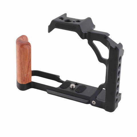 Wood Handle Metal Camera Cage for ZFC With Vertical Rig Design Cold Shoe Mount And Multiple One Quarter Inch And Three Eighths Inch Screw Holes