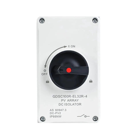 Front view of 32A DC 1200V Solar Disconnect Isolator Switch with IP66 waterproof enclosure and PV connector for solar systems and RVs.