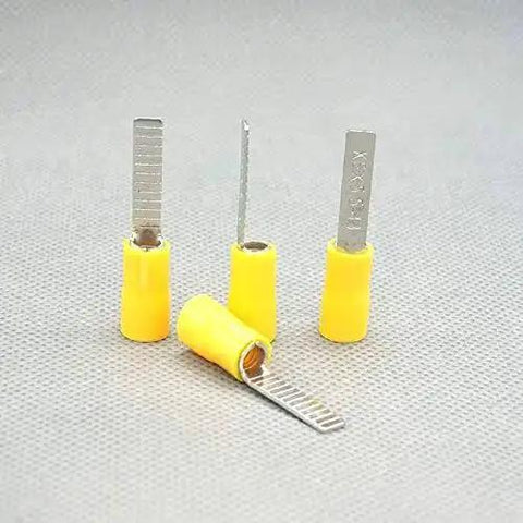 Yellow 5.5-18 Electric Crimp Ferrule Blade Terminal for 4-6 MM2 wires, showing four heavy-duty connectors standing on a surface.
