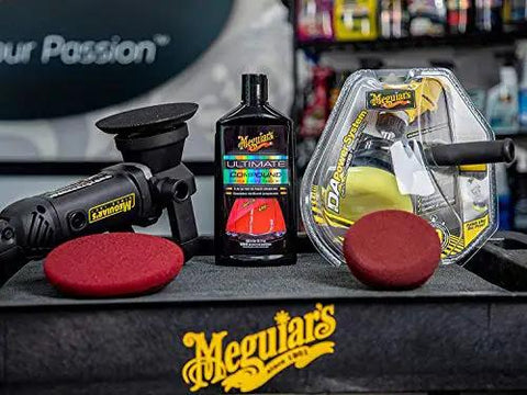 Ultimate Compound For Cars That Removes Oxidation Swirl Marks Water Spots And Scratches On Clear Coat Quickly And Safely With A Showroom Ready Shine Meguiar's alongside a dual-action polisher and foam pads.