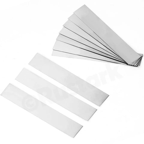 Stainless Steel Shim Stock Kit 30 Piece Set, 10 Sizes, 1 Inch Width By 6.1 Inch Length, Thickness From 0.0007 To 0.01 Inch, showing metal shims.