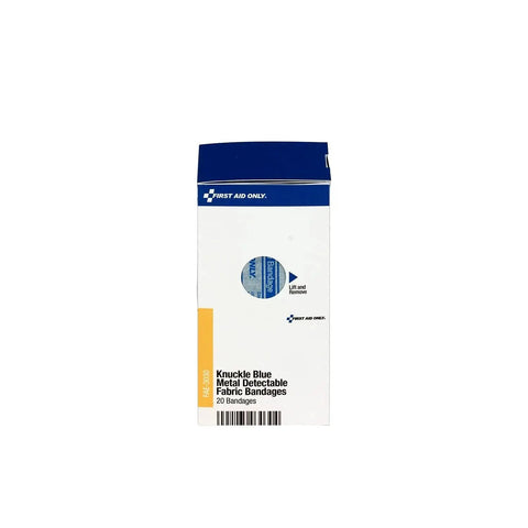 Front view of First Aid Only box containing Blue Metal Detectable Knuckle Bandages For Food Service Pros And Home, 20 count.