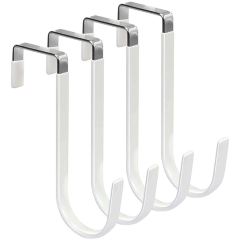 Set of four white metal over-door hooks with chrome accents for hanging items, showcasing durability and modern design.