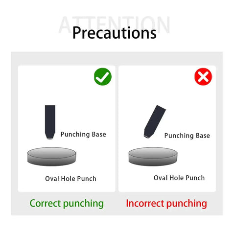 Diagram showing correct and incorrect use of Oval Leather Hole Punch Tool For Belts And Watch Straps Heavy Duty Pro Grade Cutter.
