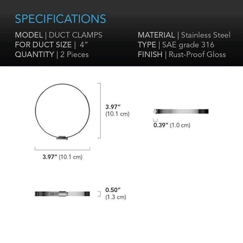 Specifications image showing Stainless Steel Duct Clamps 4 Inch Pack Of 2 For Ducting Heating Cooling Exhaust And Ventilation.