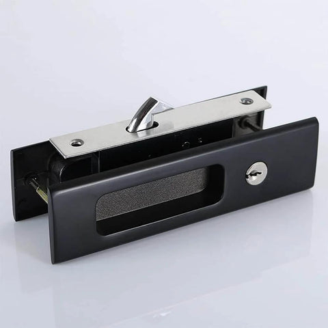 Privacy Pocket Door Lock Hardware In Matte Black, 6.3 Inch Recessed Pocket Sliding Door Handle With Keys, Invisible Door Handle Set