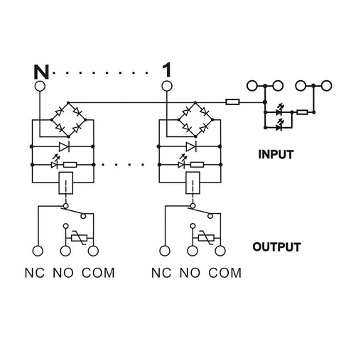 Diagram of 8 Channel Relay Module for AC DC 12V PLC Control showing input and output connections, screw terminals, NPN PNP compatibility.