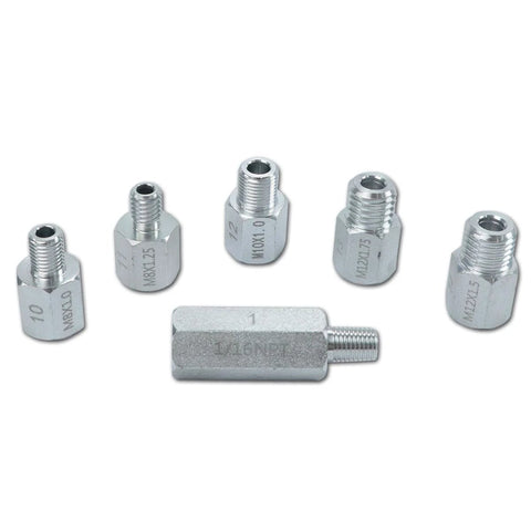 Oil pressure test adapters set with six chrome fittings for engine and transmission testing.