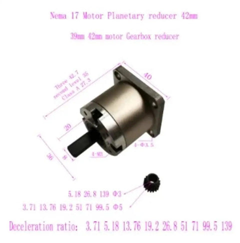Beefy 42mm Geared Stepper Motor Reducer For 3D Printers Gearbox Drive With High Torque And Smooth Low Noise Performance 1 Piece Gear Ratio From 1 To 139 Ideal For Precise Fast Printing, shown with dimensions and label details.