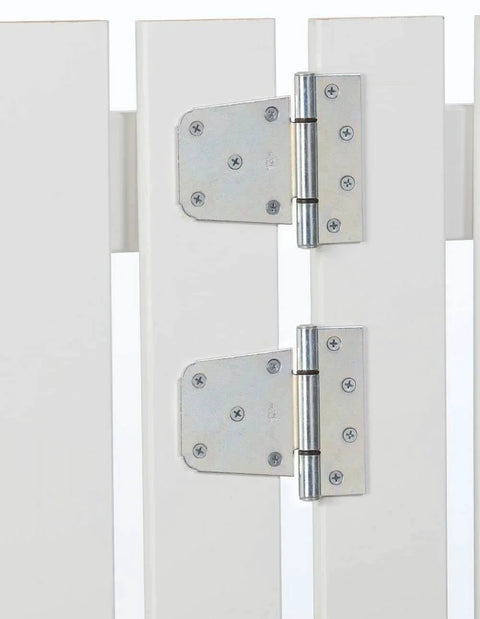 Extra Heavy Duty Gate Hinges Zinc Plated 2 Pack for wood steel and vinyl gates with weather resistant finish installed on white gate
