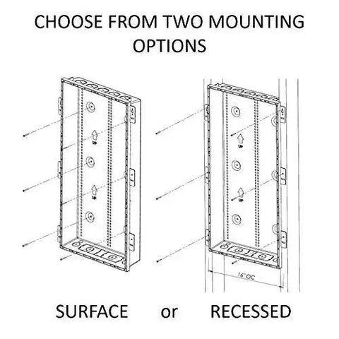 Diagram showing surface and recessed mounting options for 30 Inch Media Enclosure For Home Networking And Cable Management.