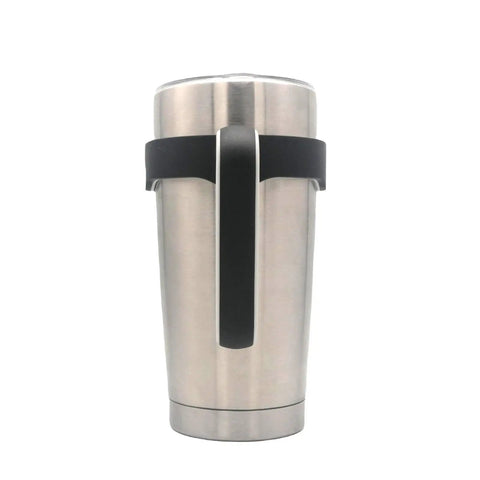 No Slip 20 Oz Tumbler Handle For Vacuum Insulated Mugs, Easy Grip Travel Cup Holder, Black, installed on silver 20 oz tumbler.