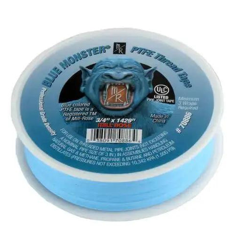 Blue PTFE Thread Seal Tape Three Quarter Inch Heavy Duty For Pipe Fittings And Gas Or Water Lines Leak Proof Sealant Acts As Thread Lubricant And Anti Seize Non Flammable And Non Toxic Ninety Nine Point Six Percent PTFE