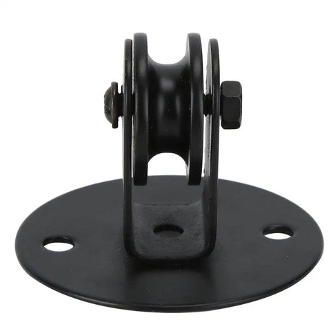 Chandelier Pulley Lighting Kit With Black Iron Wheel Bearing Rod For Easy Pendant Lifts And Swag Lamp Installations, DIY Decor Upgrade For Porches, Villas, Restaurants, Cafes, Hotels And Bedrooms, shown is a black iron wheel on a round base