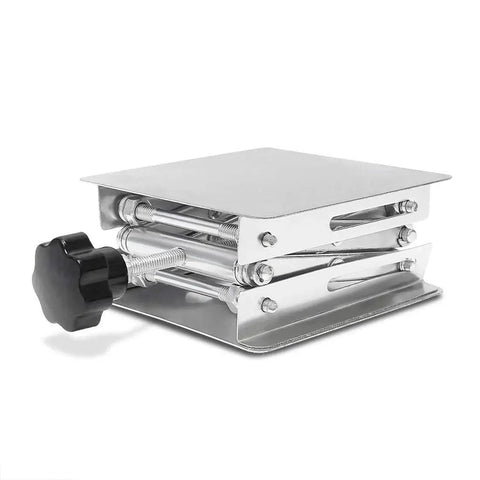 Side view of Stainless Steel Lab Jack Scissor Stand 4x4 Platform With Adjustable Height showing metal construction and adjustment knob.