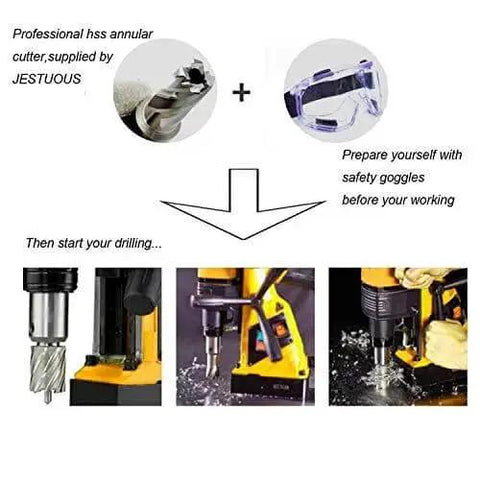 Beefy Weldon Shank Annular Cutter Three Quarter Inch Shank With Thirteen Sixteenth Inch Diameter And Two Inch Cutting Depth For Magnetic Drill Press Slugger HSS Kit By JESTUOUS with safety goggles and drilling demonstration