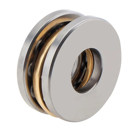 Thrust ball bearing, 8 mm bore, 19 mm outer diameter, 7 mm thick; silver metal with gold-toned spacer