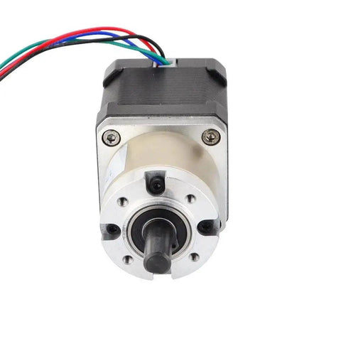 Front view of High Torque NEMA 17 Stepper Motor With 26.85 to 1 Planetary Gearbox For 3D Printers And DIY Cameras, showing wires and gearbox.