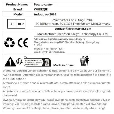 Product label for Potato Cutter, Model tudoudao-2024 by brand WUERQIE, with safety warnings in multiple languages. Made in China.
