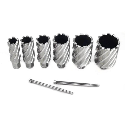 Heavy Duty Annular Cutter Set For Drill Press Six Pieces Three Quarters Inch Weldon Shank Two Inch Cutting Depth One To Two Inch Diameter Range HSS Slugger Bits Magnetic Drill Compatible With Two Pilot Pins JESTUOUS