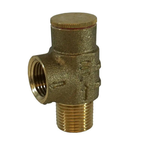Lead Free Brass Pressure Relief Valve Half Inch MNPT And Half Inch FNPT, 100 PSI Adjustable Safety Valve For Cold Water Wells Pumps And Plumbing Systems, IAMPO Certified, Not For Water Heaters, California Prop 65 Warning side view.