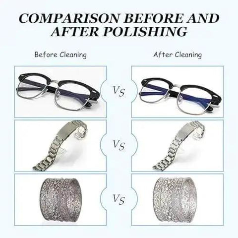 Before and after polishing comparison with glasses, a watch strap, and a decorative bracelet.