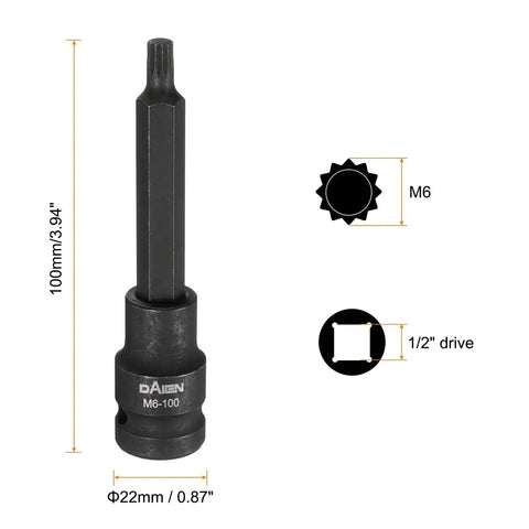 Two Piece M6 Triple Square Bit Socket Set 100mm Length 3.94 Inches One Half Inch Drive Extension For Impact Power Nut Driver Bits S2 Steel Black Finish