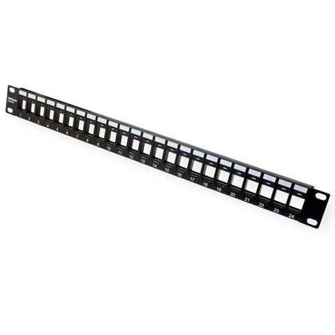 24-Port Blank Keystone 1U Patch Panel For Cat6 Jacks, 19-Inch Rackmount, Steel Black, NDAA Compliant visible at an angle