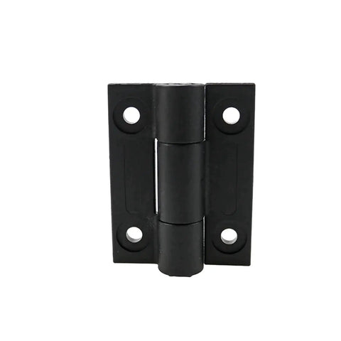Flat open torque hinge, black, screw-hole mounting, front view