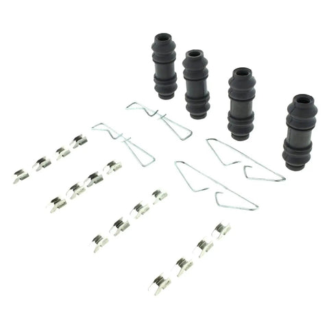 Front brake pad hardware kit with four black rubber pin boots and metal retaining clips