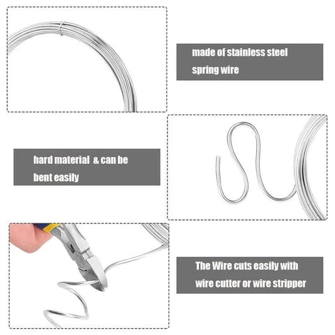 Stainless steel spring wire coil, 0.8 mm diameter, 10 m length, bright finish; wire being cut with pliers