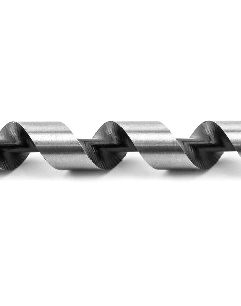 Close-up of Heavy Duty Wood Auger Drill Bit For Fast Drilling With Self Feeding Coarse Screw Point One Half Inch Diameter Sixteen Inch Length