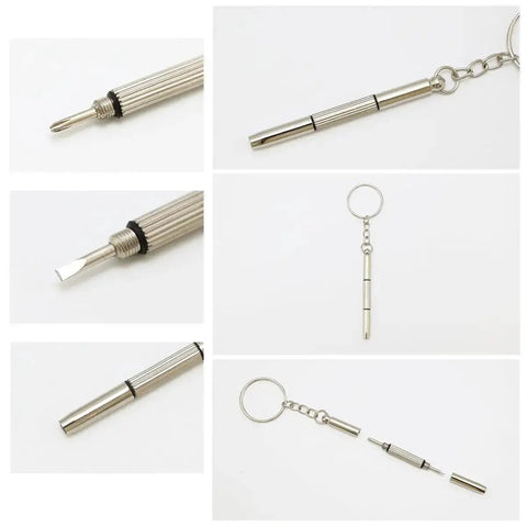 12 Pack Eyeglass Screwdriver Keychain Set Mini 3 In 1 Flat Phillips Hex Drivers showing various angles and close-ups
