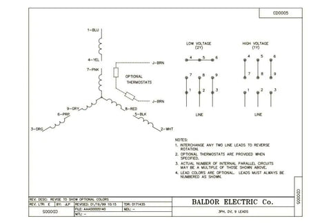Wiring diagram for Baldor Electric 3-phase motor, showing low and high voltage connections, phase lines, and thermostats.