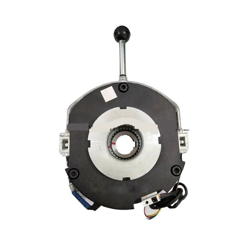 Electromagnetic clutch/brake unit with round black housing, metal center bore, and wiring