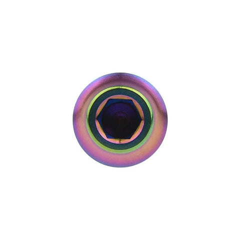 Top view of colorful anodized Titanium M5x12mm Taper Head Bolt for bicycle water bottle cage, 6Al4V Grade 5, 0.8mm thread pitch.