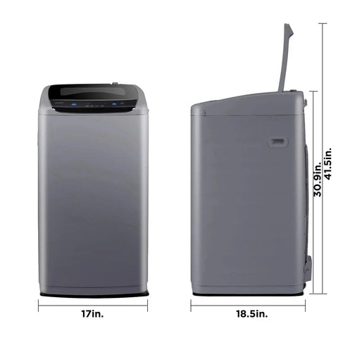 Front and side view of Compact Portable Washer 0.9 Cu Ft with LED Display and 5 Wash Cycles, showing dimensions and height.