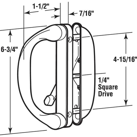 Diagram of a white diecast outside patio door pull with latch for sliding doors, 4 15 16 inch center mounting holes, side view.